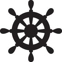 A graphic illustration of a black ship's wheel on a white background in a simple style vector
