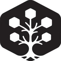 A black hexagon containing a white tree with hexagonal leaves on a white background illustration vector