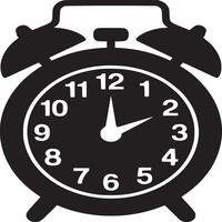 An alarm clock is shown in black and white vector