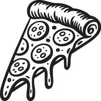 A graphic black and white drawing of a slice of pizza with pepperoni and dripping cheese detail vector