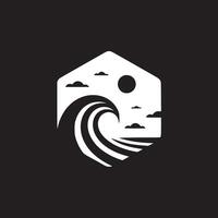 A stylized black and white logo featuring a wave sun and clouds inside a house shaped hexagon frame vector