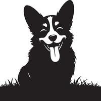 Black and white corgi illustration with tongue out and grass in a simple design style vector