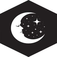A stylized moon with a face and stars inside, set against a black hexagon background design element vector