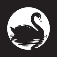 A black swan swimming in water against a white circle on a black background in a minimalist style vector