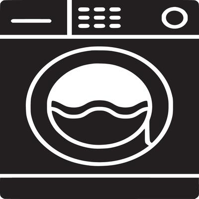 A graphic illustration of a front loading washing machine in black and white with water inside it