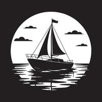 A silhouette of a sailboat with sails up against a white circle with clouds and water reflections vector