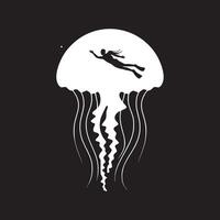 Silhouette of a swimmer inside a white jellyfish on a black background with a small white dot vector