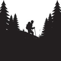 Silhouette of hiker with backpack and poles walking uphill through a forest landscape scene view vector