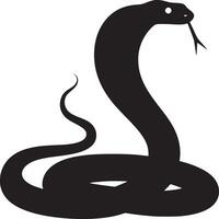 A black silhouette of a cobra snake coiled with its head raised and tongue sticking out on white vector