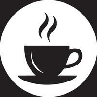 Black and white graphic of a steaming coffee cup on a saucer inside a white circle on black background vector