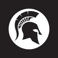 A black and white graphic of a spartan helmet inside a white circle on a black background design vector