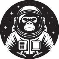 A image of an astronaut gorilla in a space suit against a starry black background circle vector