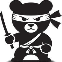 A black and white illustration of a bear dressed as a ninja holding a sword in its hand vector