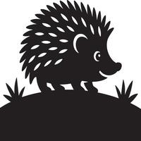 Silhouette of a hedgehog on a hill with grass in black and white minimalistic illustration style vector