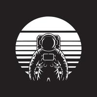 A stylized astronaut in a spacesuit against a retro sun with horizontal lines in black and white vector
