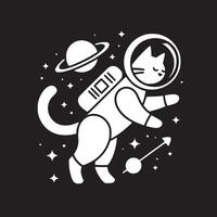 A white cartoon cat in an astronaut suit floating in space with stars and a planet on black background vector