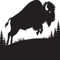 Silhouette of a bison jumping over a hill with grass and trees in a black and white illustration vector