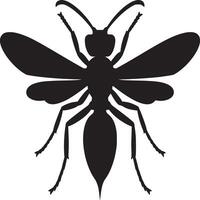 A striking silhouette of a wasp with wings spread against a plain white background in sharp focus vector