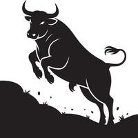 A bold black bull leaping from a dark mound against a stark white background in a graphic style vector
