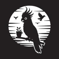Silhouette of a cockatoo perched on a branch with a cup and birds against a sun background art vector
