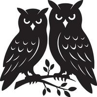 Two owls perched on a branch in black silhouette against a white background illustration style vector