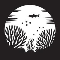A black and white silhouette of a fish swimming over coral reefs in a circular composition design vector