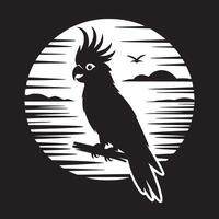 Silhouette of a cockatoo perched on a branch against a stylized landscape in a circular design vector
