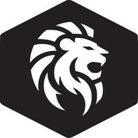 A stylized lion head in white on a black hexagon background, a minimalist logo design concept image vector