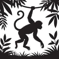 Silhouette of a monkey hanging from a branch surrounded by tropical leaves in black and white style vector