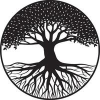 A silhouette of a tree with leaves and roots inside of a circle on a white background art piece vector
