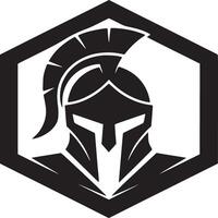 A spartan helmet within a black hexagon outline on a white background in a minimalist style vector