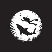 Silhouette of a diver and a shark inside a circle with a black background and grass below them vector