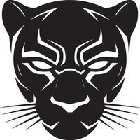 A black panther head with white markings and whiskers on a white background in a graphic style vector