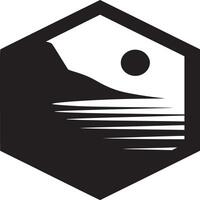 A black and white hexagon containing a landscape with a mountain, sun, and water reflections vector