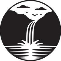 Black and white illustration of a waterfall landscape inside a circle with birds and clouds above vector