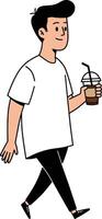 Man enjoying a coffee while walking in the street vector