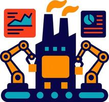 AI-powered factory with robotic arms and digital control panels vector