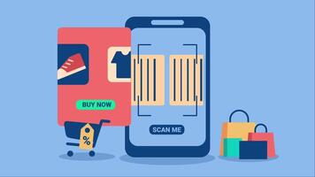 Concept showcasing ease of online shopping with a phone scanning barcodes. Good for ecommerce, retail and more. Looping video