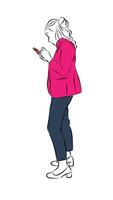 Line Drawing Sketch faceless Business Woman Using Smartphone concept connection online vector