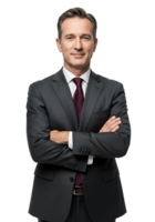 A man in a suit and tie standing with his arms crossed png