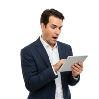 A man in a suit holding a tablet computer png