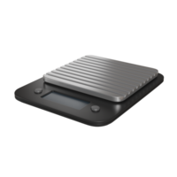 Realistic 3D render of a modern digital scale with a matte black surface and silver. Features a clear LED display, showing precise weight in grams png