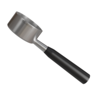 3D render of a coffee portafilter attached to a professional-grade espresso machine. The metal surface is reflective, and the handle is black. Ideal for brewing process visuals, barista tutorials png