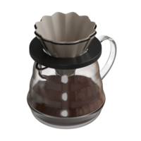 Realistic 3D render of a V60 dripper placed on top of a transparent glass jug, filled with freshly brewed coffee with isometric view png