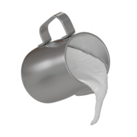Realistic 3D illustration of a silver stainless steel frothing pitcher pouring a smooth stream of milk with isometric view png