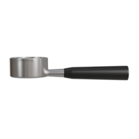 3D render of a coffee portafilter attached to a professional-grade espresso machine. The metal surface is reflective, and the handle is black. png