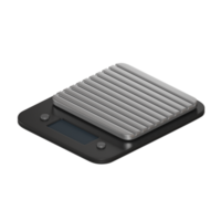 3D rendering of a modern digital scale with a matte black surface and silver. Features a clear LED display, showing precise weight in grams. png