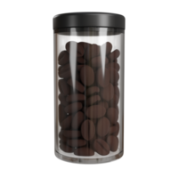 3D render of a tall transparent jar filled with coffee beans, black lid, and empty label area for branding or product design. png