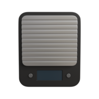 3D illustration of a modern digital scale with a matte black surface and silver. Features a clear LED display, showing precise weight in grams. png