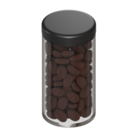 3D render of a tall transparent jar filled with coffee beans, black lid, and empty label area for branding or product design png